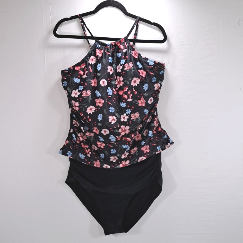 Tempt Me XXL black tankini waisted bottoms.  Pink & blue flowers on top. NWT.